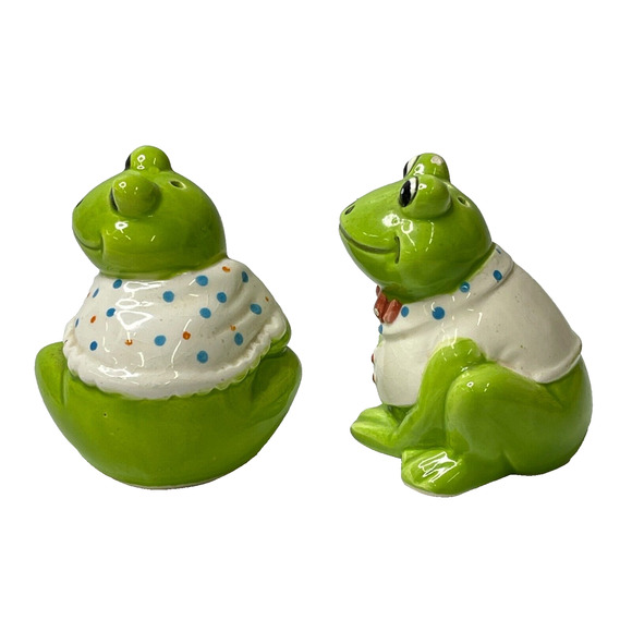 Otagiri Salt & Pepper Green Boy and Girl Frog Shakers Hand Painted Novelty Decor - Picture 3 of 12